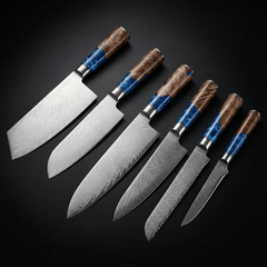 Damascus Knife Set, Six Piece with Sapphire Handles