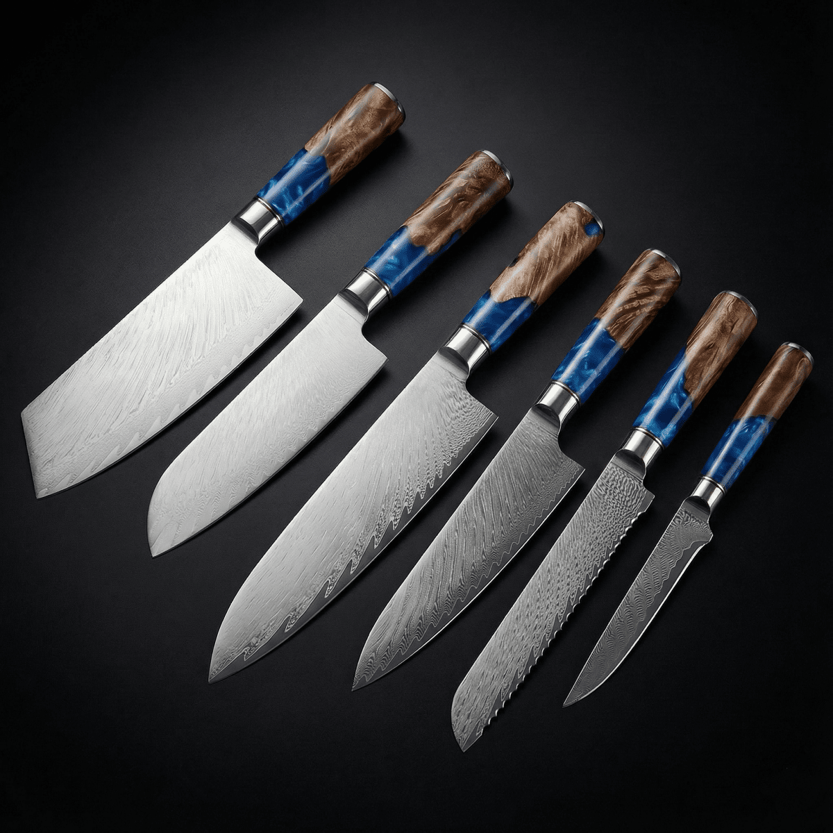 Damascus Knife Set, Six Piece with Sapphire Handles