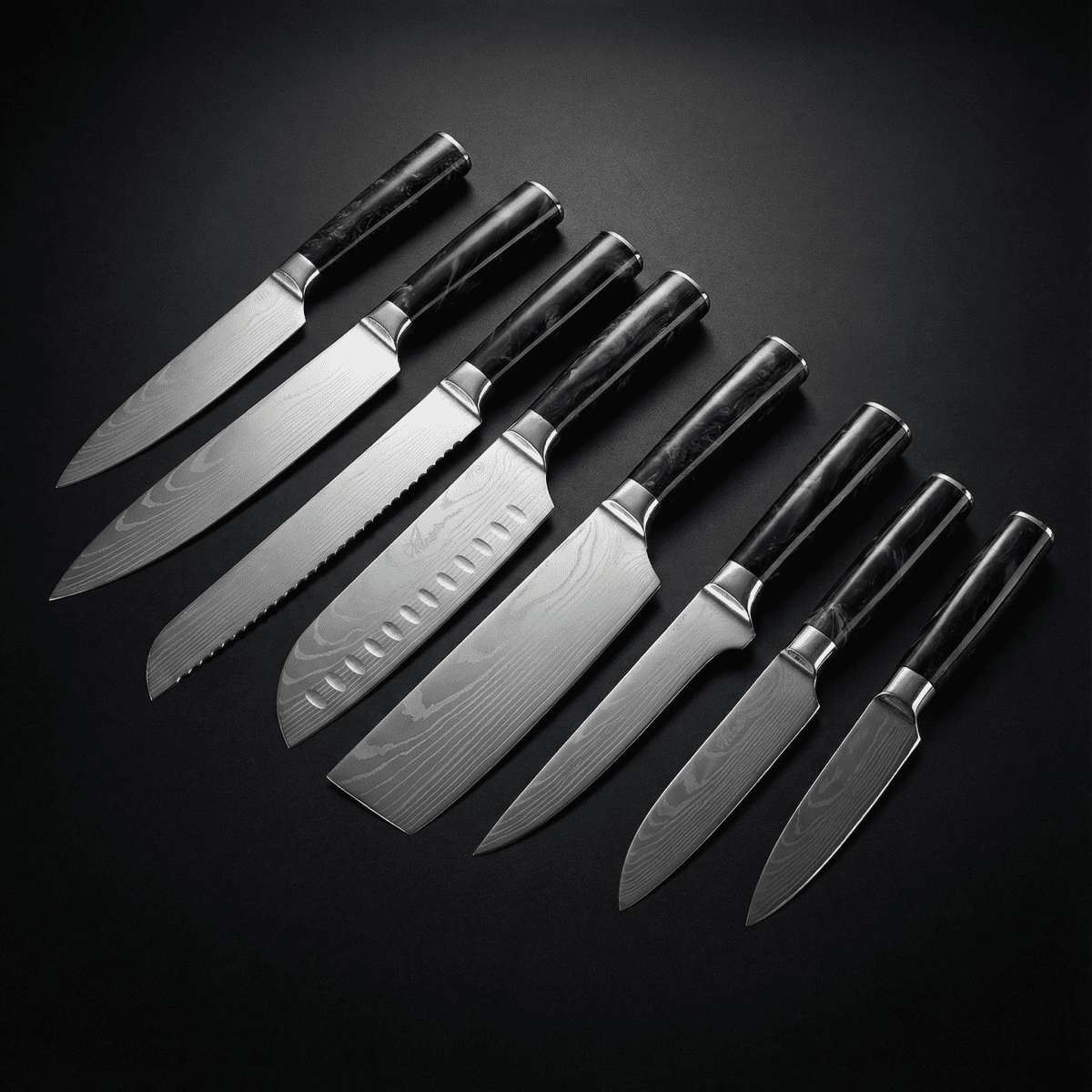 Damascus Knife Set, Eight Piece with Onyx Handles