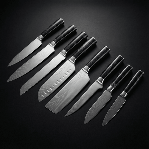 Damascus Knife Set, Eight Piece with Onyx Handles