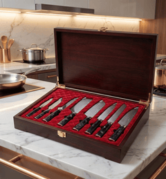 Damascus Knife Set, Eight Piece with Onyx Handles
