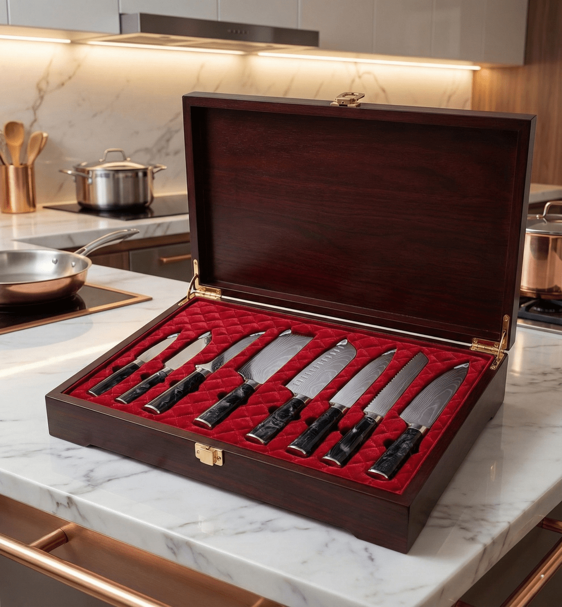 Damascus Knife Set, Eight Piece with Onyx Handles