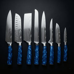 Damascus Knife Set, Eight Piece with Sapphire Handles