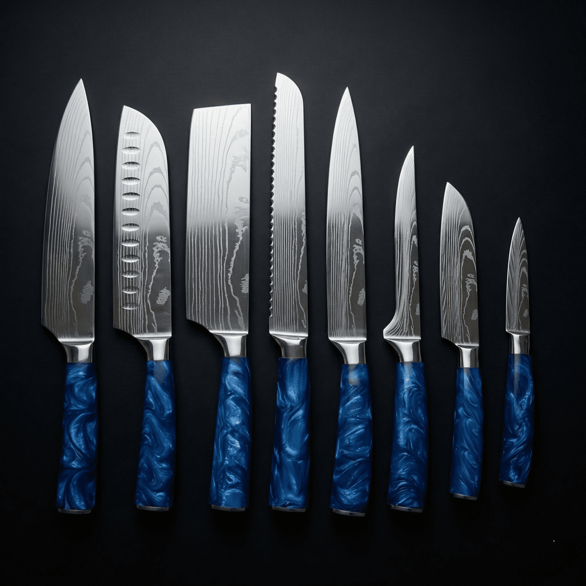 Damascus Knife Set, Eight Piece with Sapphire Handles