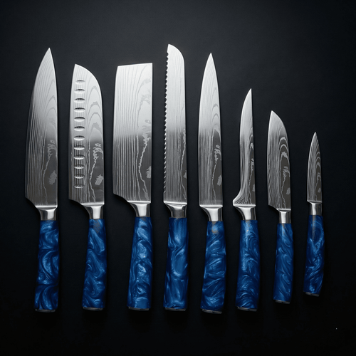 Damascus Knife Set, Eight Piece with Sapphire Handles