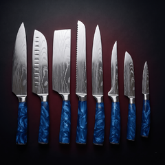 Damascus Knife Set, Eight Piece with Sapphire Handles, Forgewell Cookware