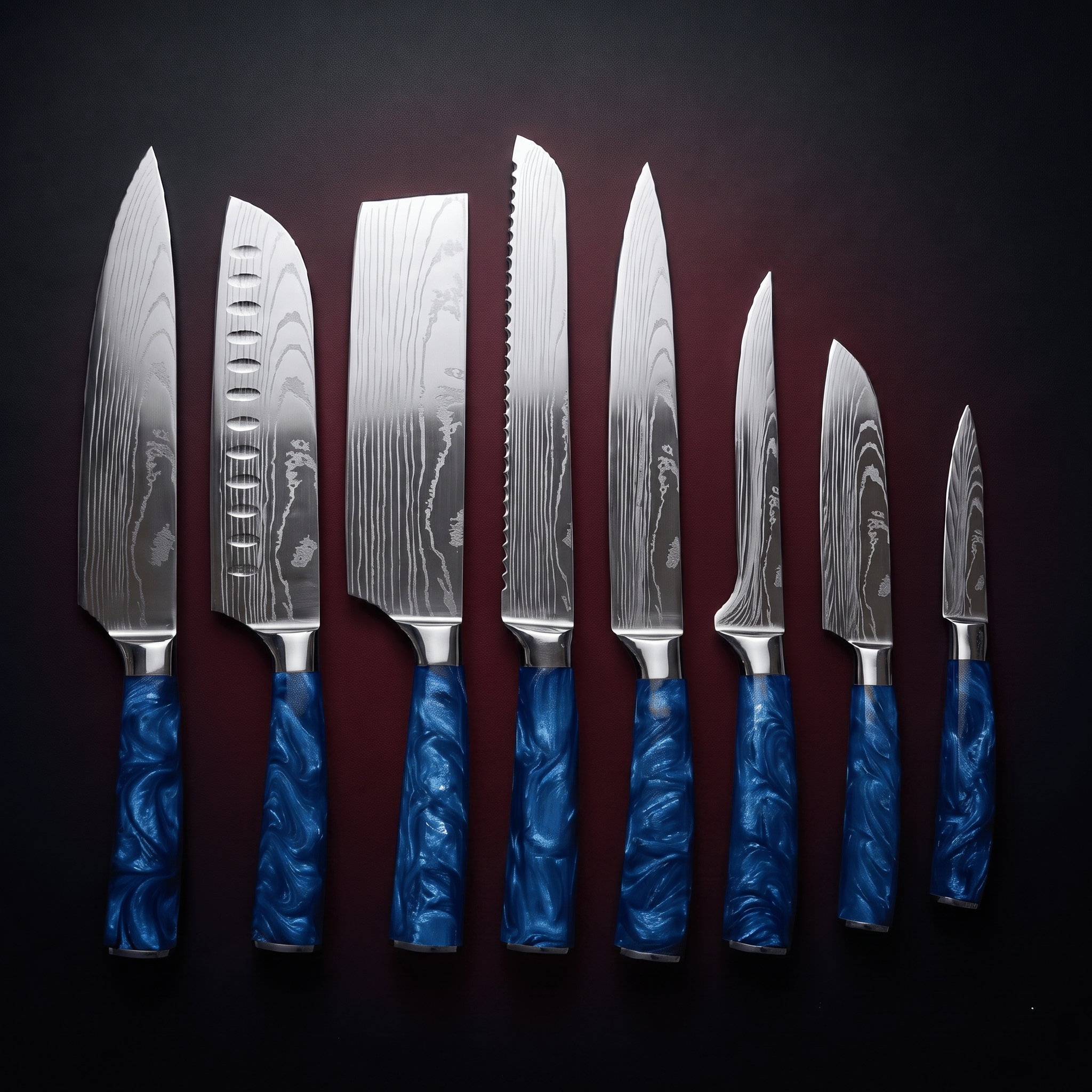 Damascus Knife Set, Eight Piece with Sapphire Handles, Forgewell Cookware
