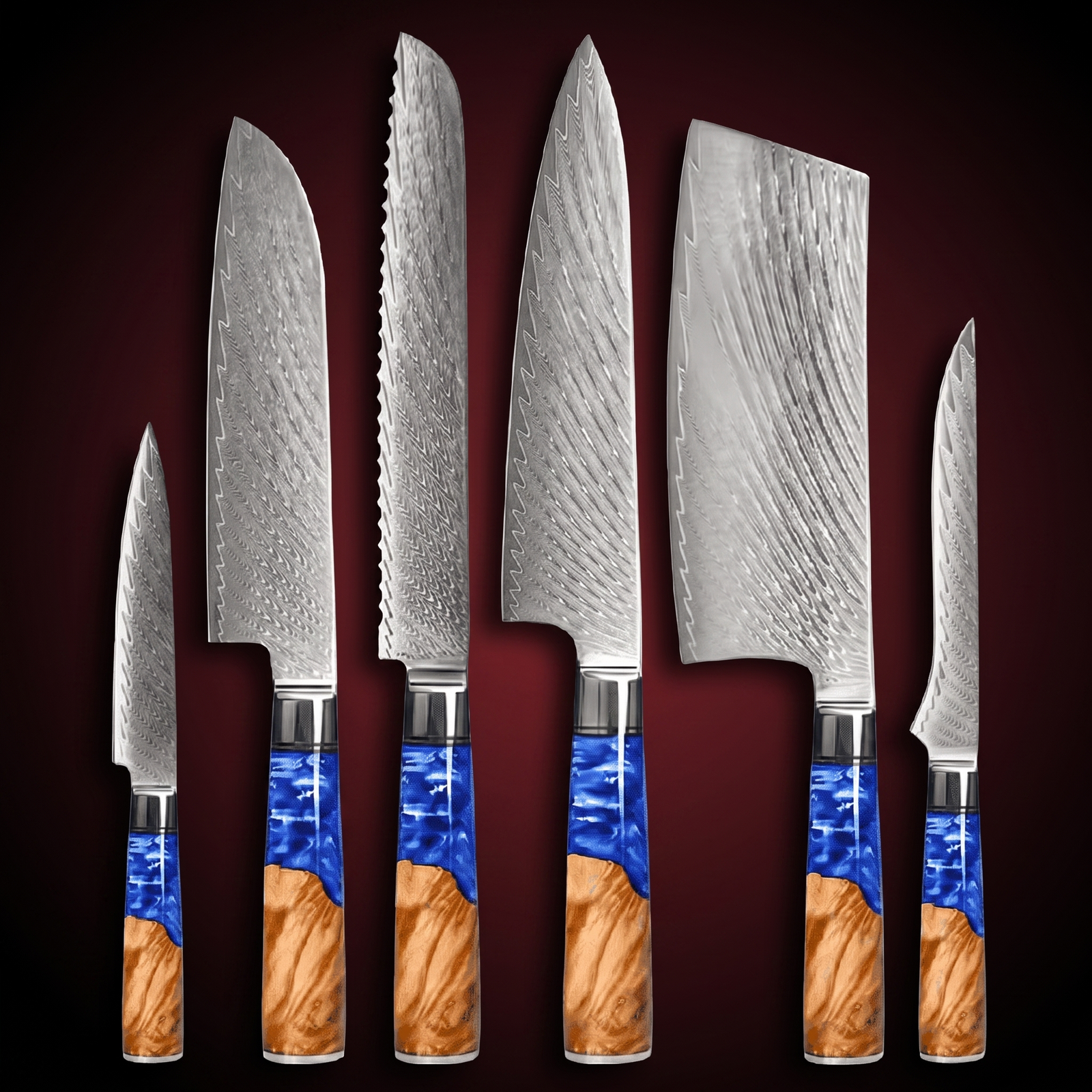 Damascus Knife Set, Six Piece, Forgewell Cookware
