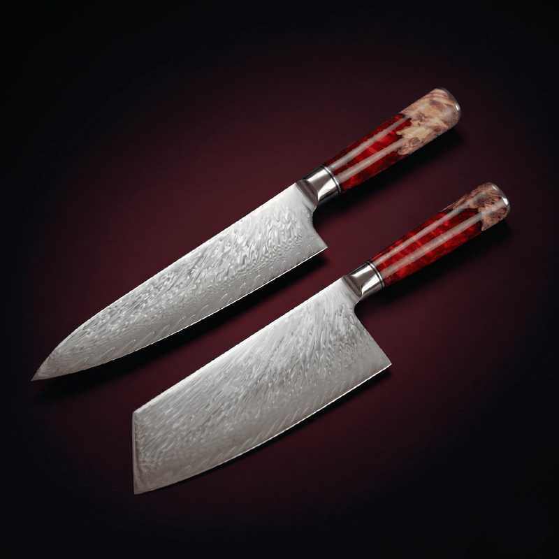Damascus Cleaver and Chef Knife, Two Piece Set