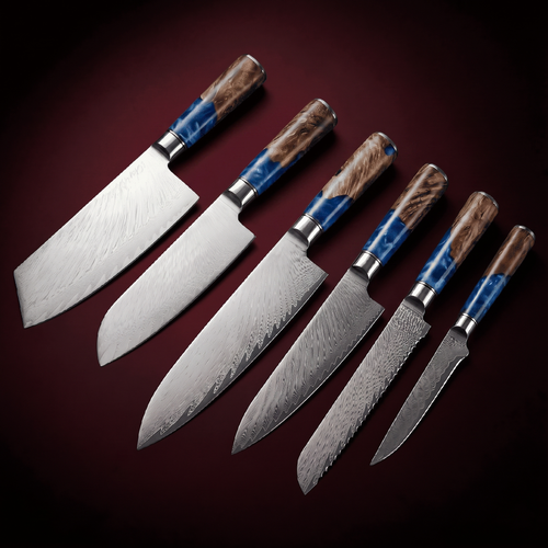 Damascus Knife Set, Six Piece with Sapphire Handles, Forgewell Cookware