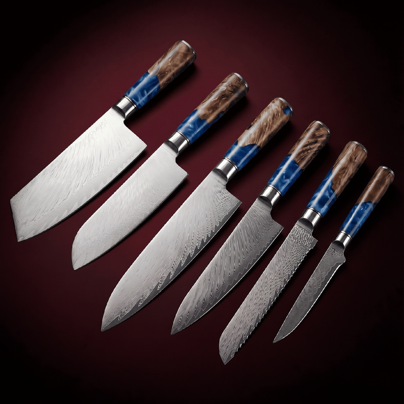 Damascus Knife Set, Six Piece with Sapphire Handles