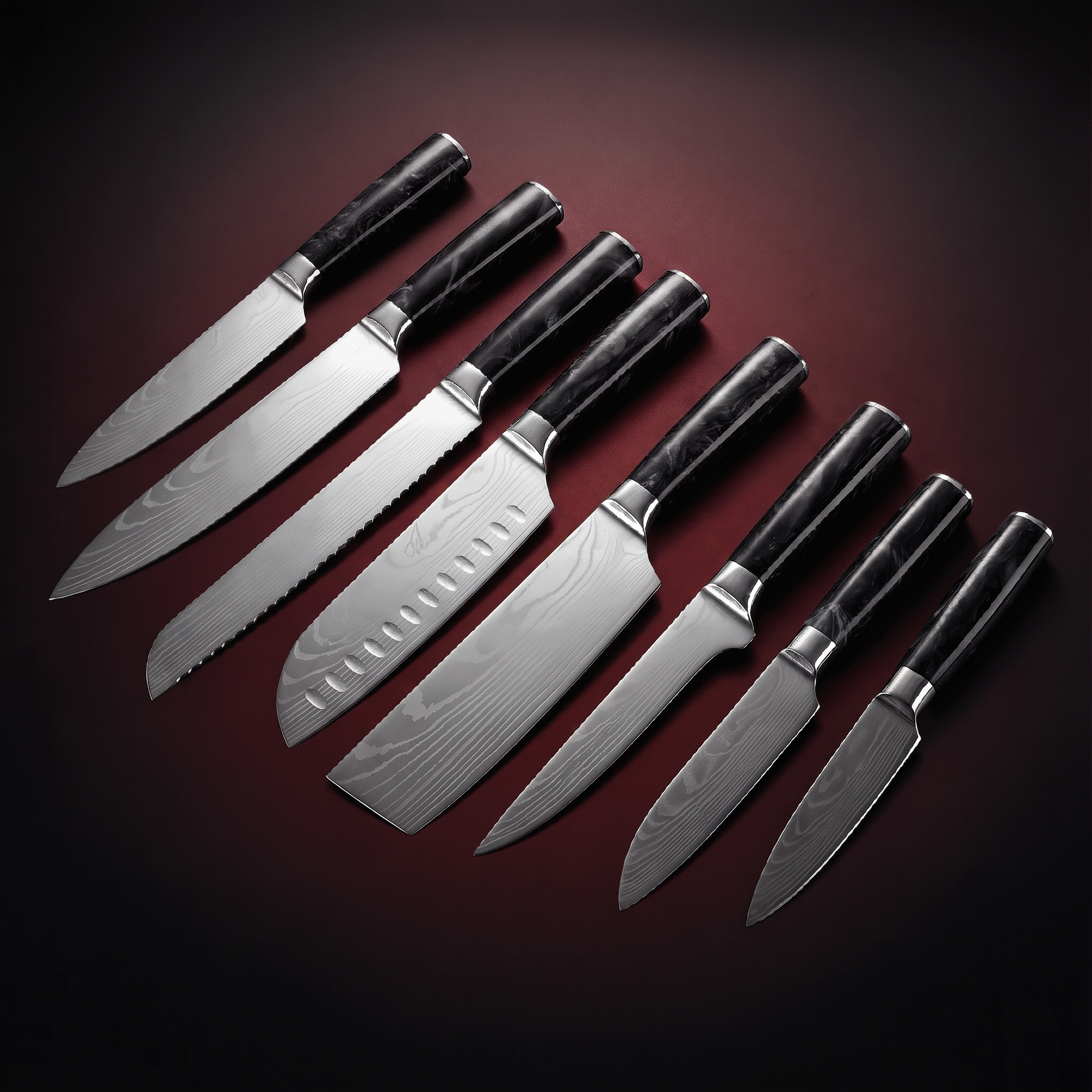 Damascus Knife Set, Eight Piece with Onyx Handles, Forgewell Cookware