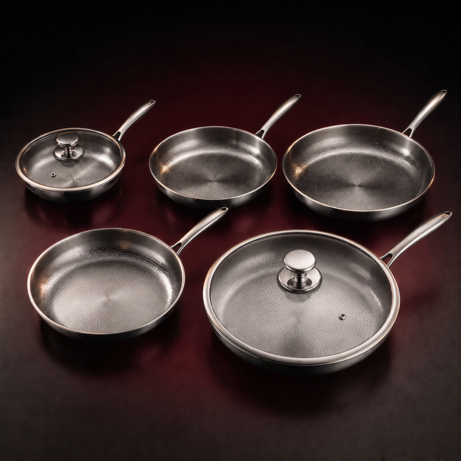 Titanium Frying Pan Set, Five Sizes with Two Lids, Forgewell Cookware
