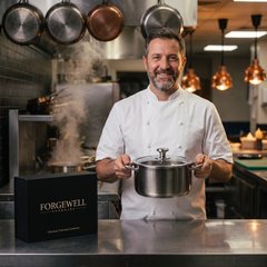 Chef holding the Forgewell titanium cooking pot with gift box
