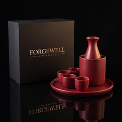 Red ceramic sake set with warmer and Forgewell gift box