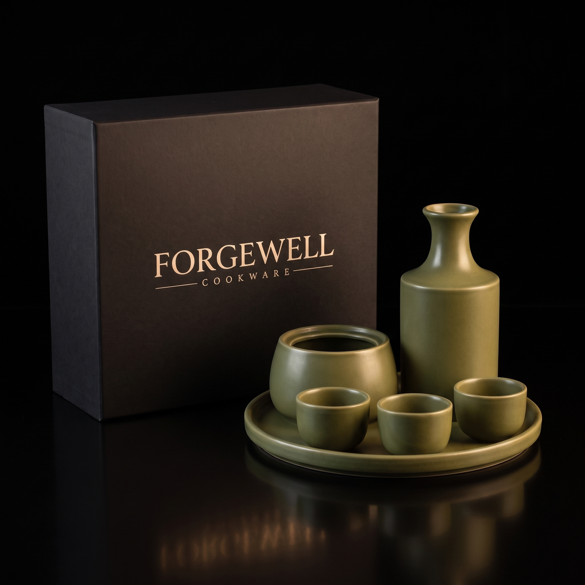 Green ceramic sake set with warmer and Forgewell gift box