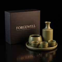 Green ceramic sake set with warmer and Forgewell gift box