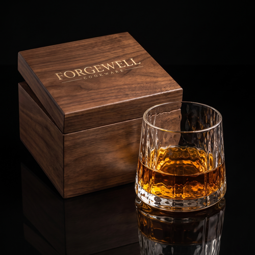 Etched crystal whisky glass with engraved Forgewell wooden box