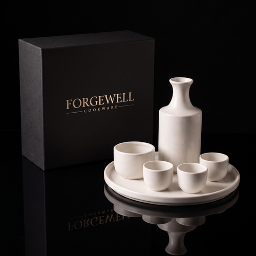 White ceramic sake set with warmer and Forgewell gift box