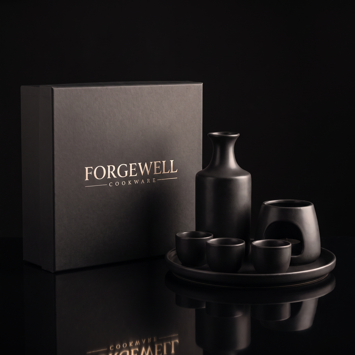 Black ceramic sake set with warmer and Forgewell gift box