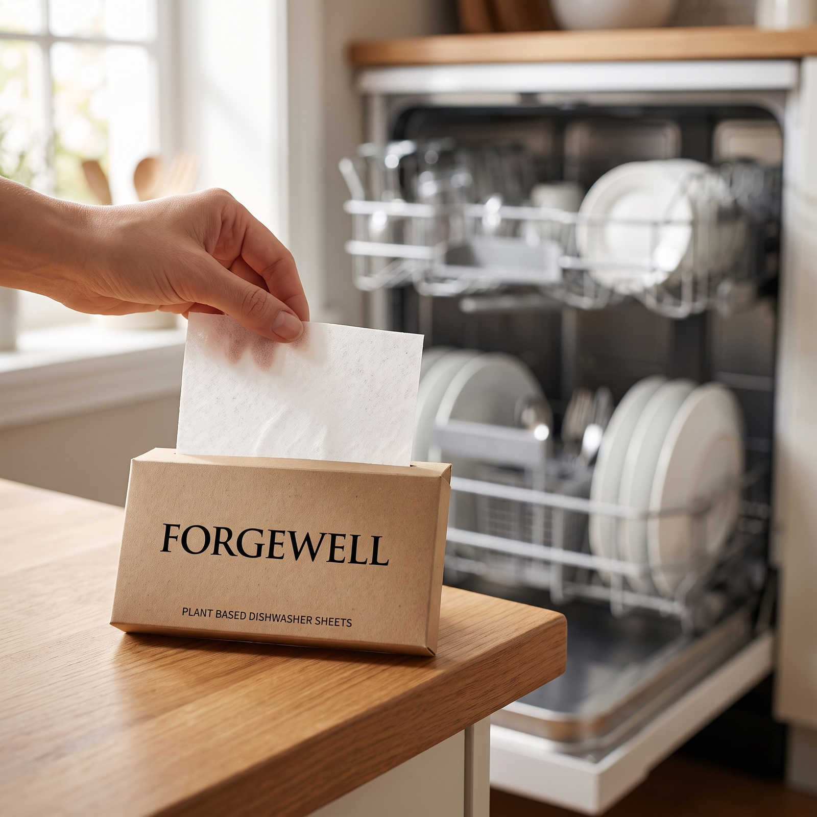 Taking a plant based dishwasher sheet from the Forgewell box
