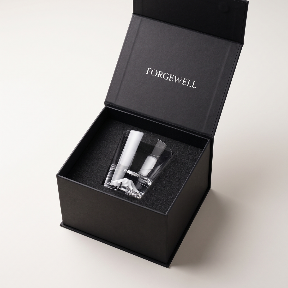 Mount Fuji whisky glass in open Forgewell gift box