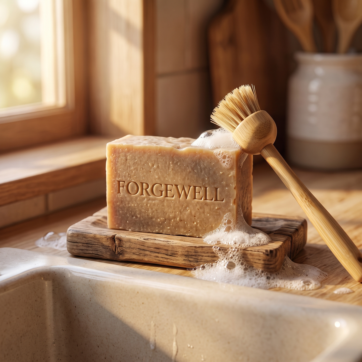 Forgewell organic dish soap bar next to the kitchen sink