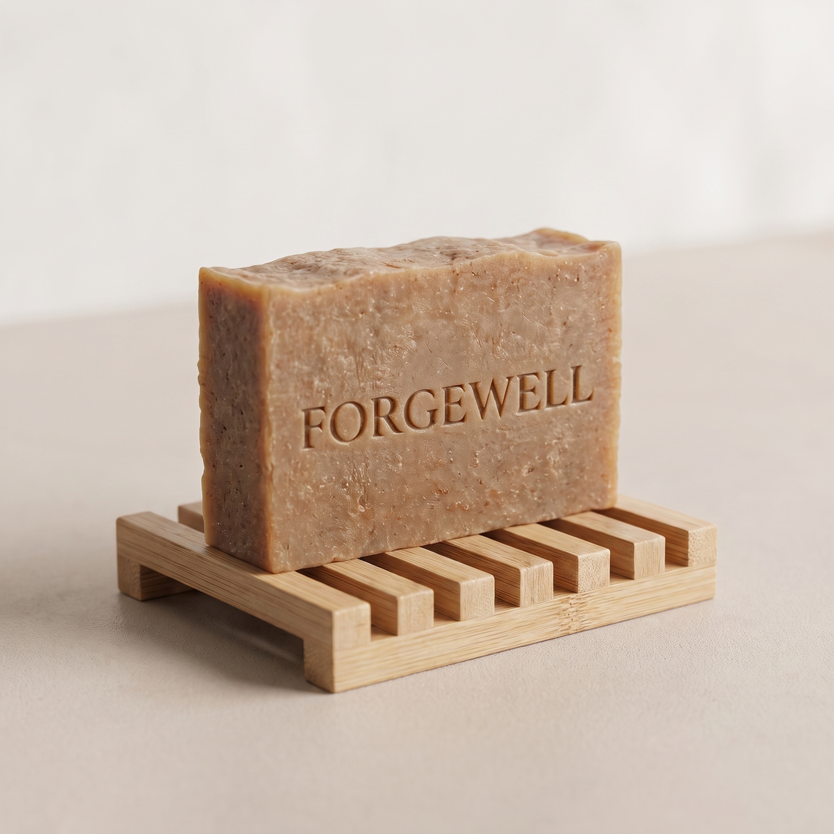 Forgewell organic dish soap bar on wooden dish