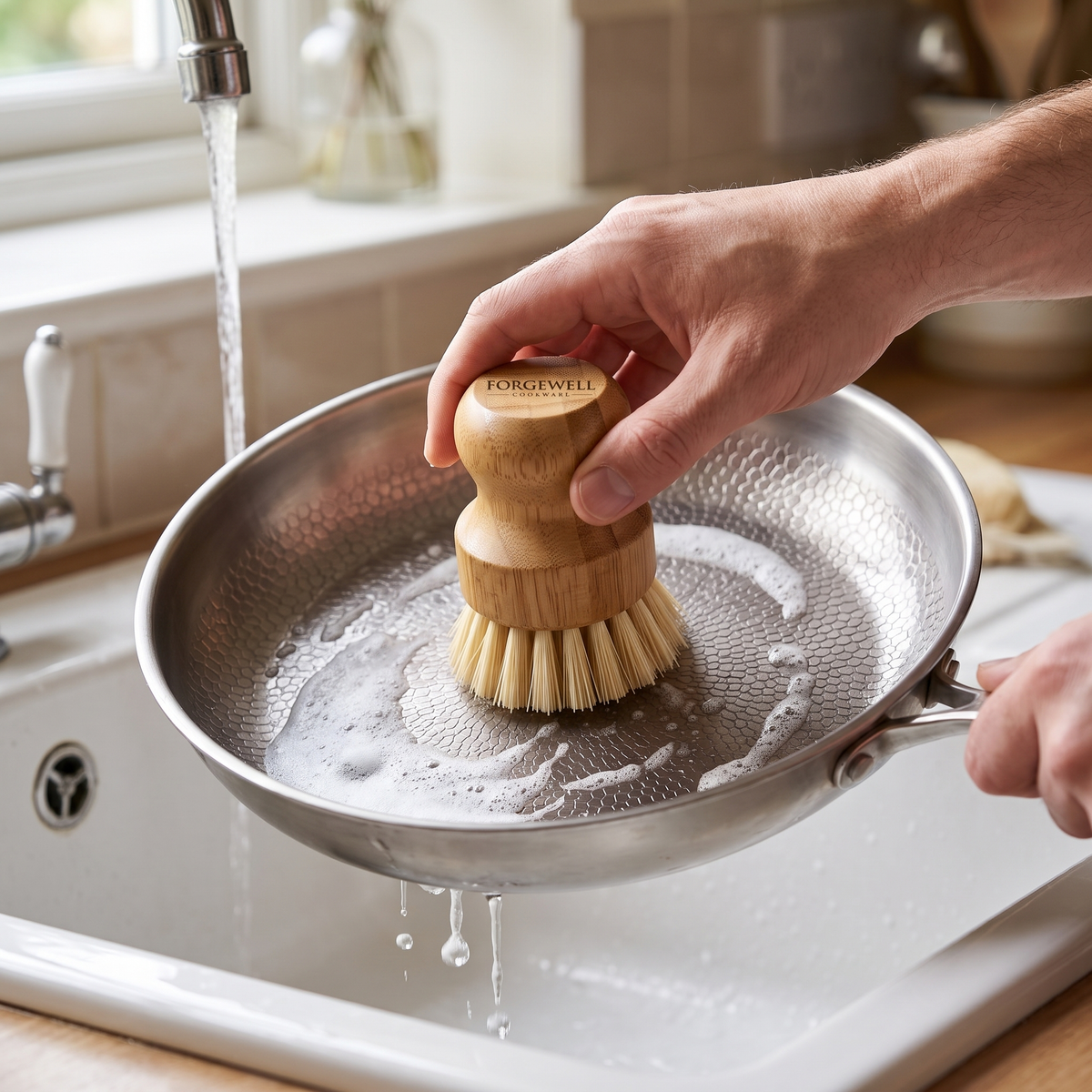 Washing a titanium frying pan with the Forgewell bamboo dish brush