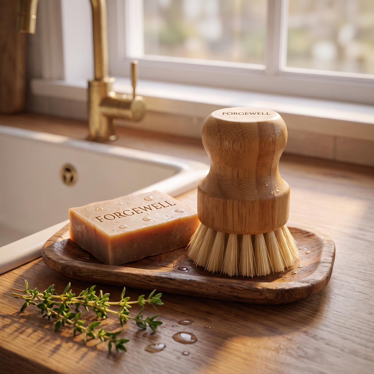 Forgewell bamboo dish brush with organic dish soap bar by the sink