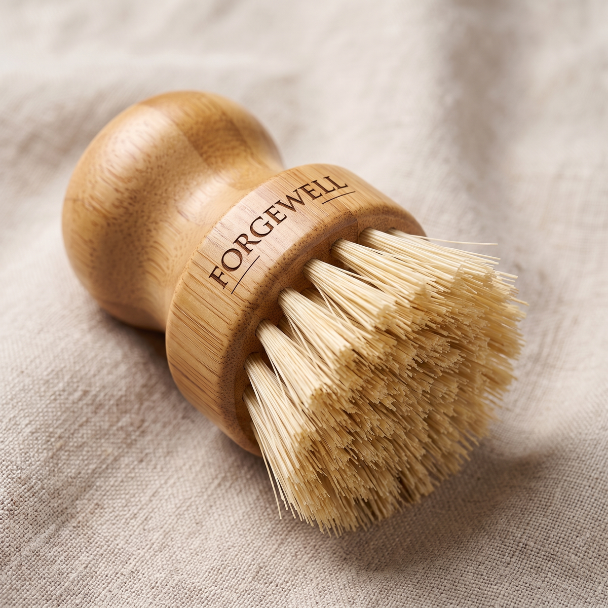 Close-up of the Forgewell bamboo dish brush bristles and engraved handle