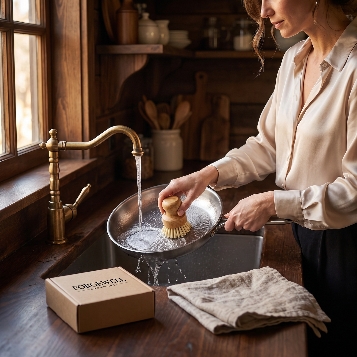 Washing a titanium pan with the Forgewell bamboo dish brush