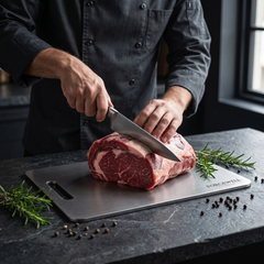 Chef slicing beef on the Forgewell titanium cutting board
