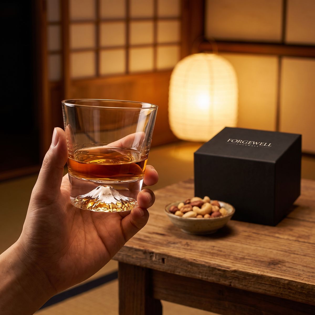 Mount Fuji whisky glass in hand with the Forgewell gift box