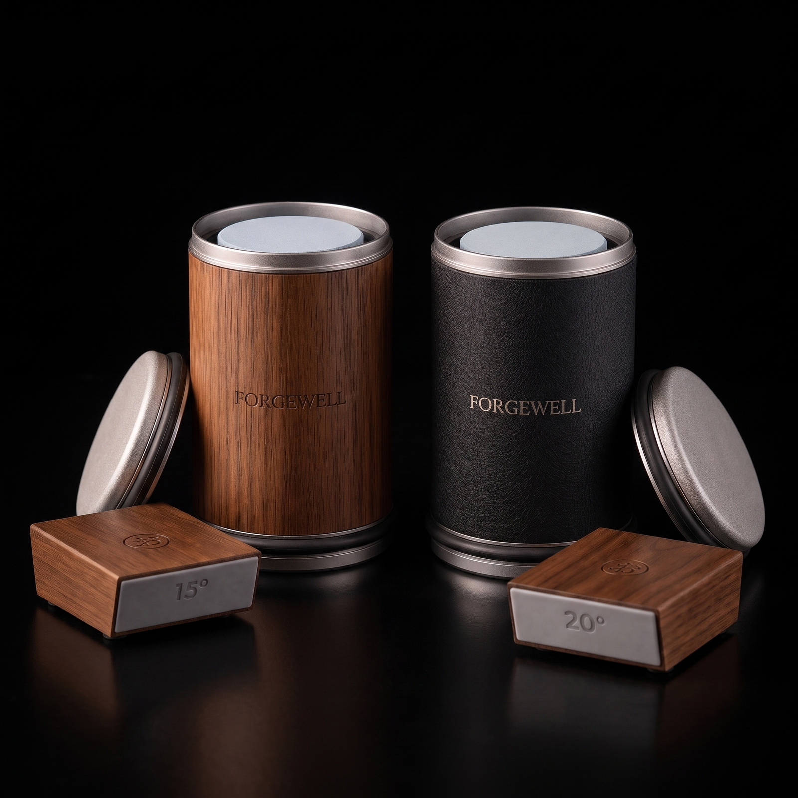 Forgewell knife sharpening set with lids open