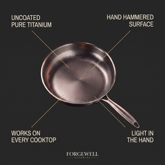 Uncoated pure titanium, hand hammered, works on every cooktop, light in the hand