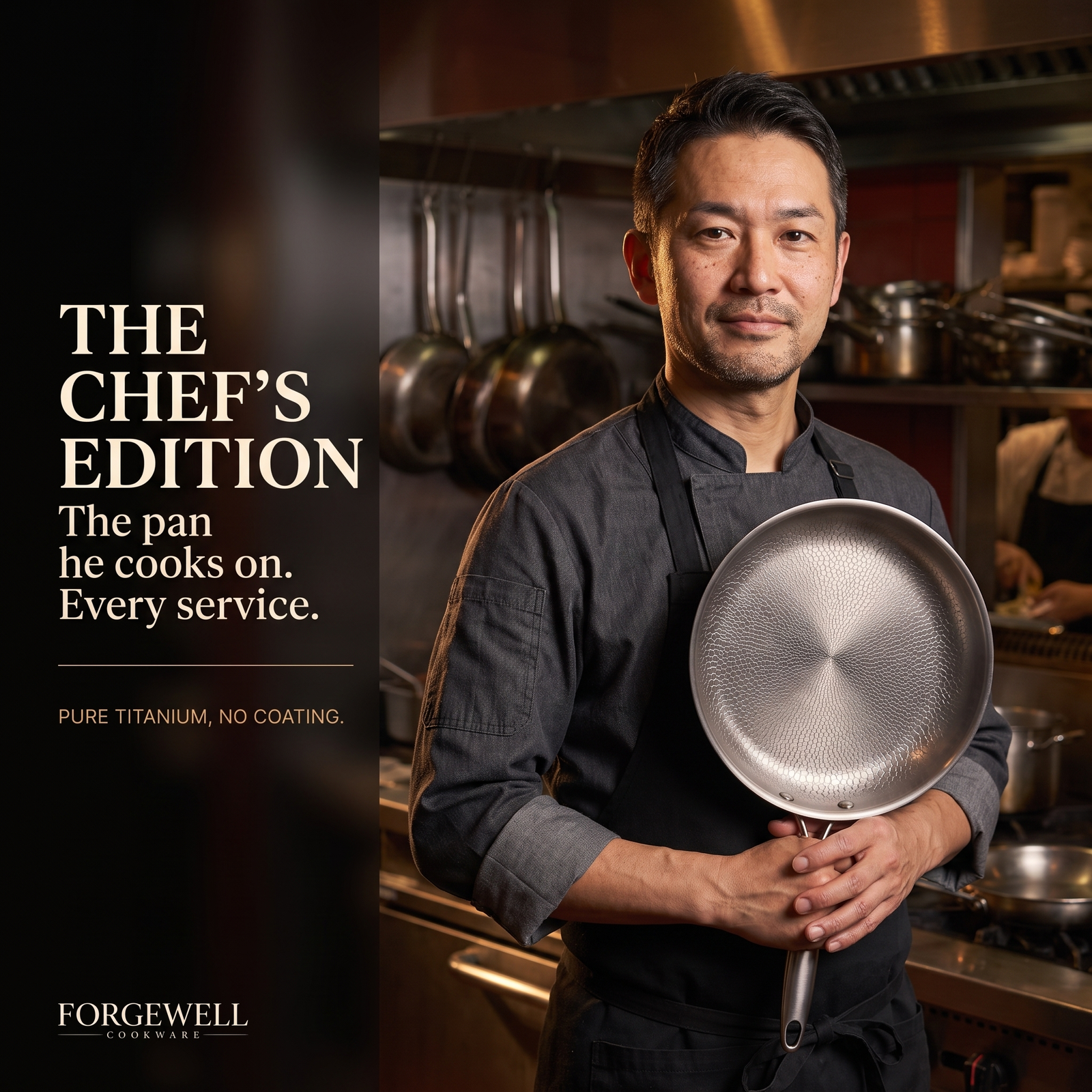 The Chef's Edition titanium frying pan, held by the chef in his kitchen