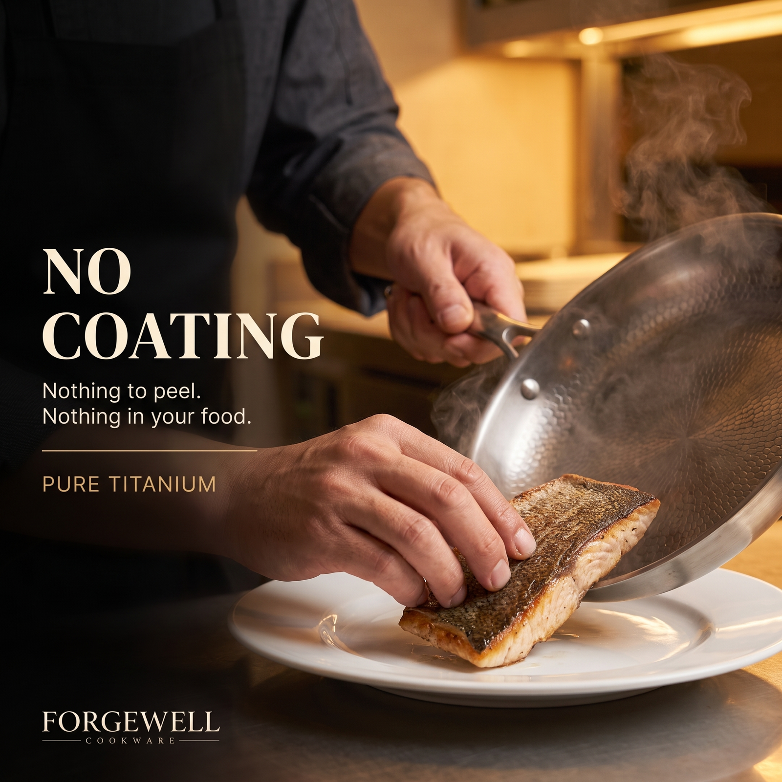 No coating, nothing to peel, plating fish from the titanium pan