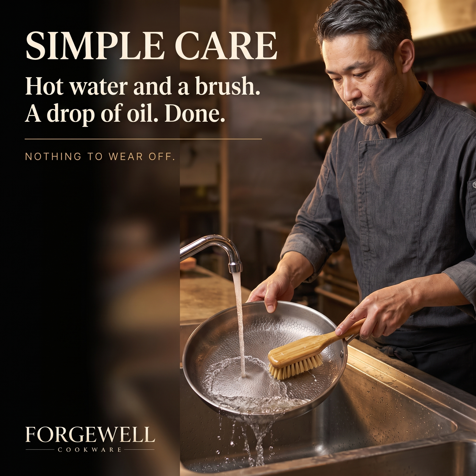 Simple care, rinsing the titanium pan with a bamboo brush