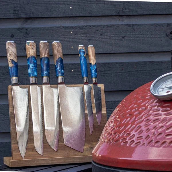 Damascus Knife Set, Six Piece with Sapphire Handles