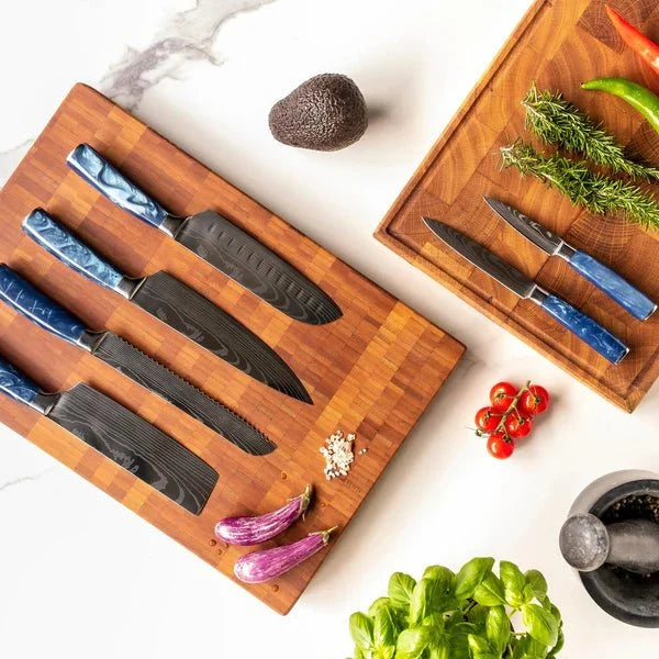 Damascus Knife Set, Eight Piece with Sapphire Handles