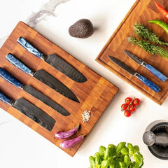 Damascus Knife Set, Eight Piece with Sapphire Handles