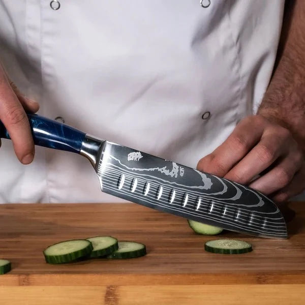 Damascus Knife Set, Eight Piece with Sapphire Handles