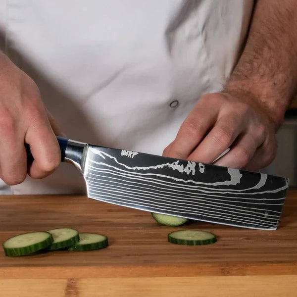 Damascus Knife Set, Eight Piece with Sapphire Handles