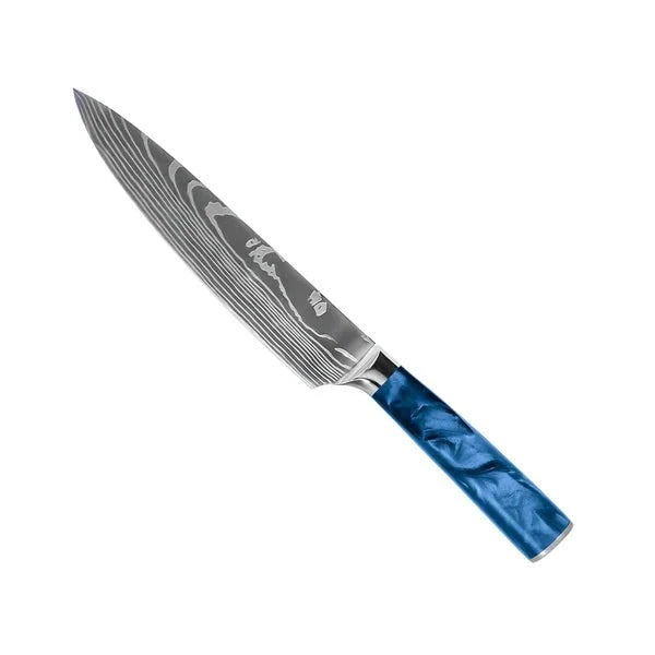 Damascus Knife Set, Eight Piece with Sapphire Handles