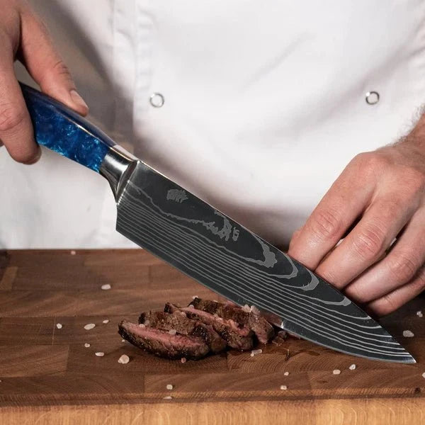 Damascus Knife Set, Eight Piece with Sapphire Handles