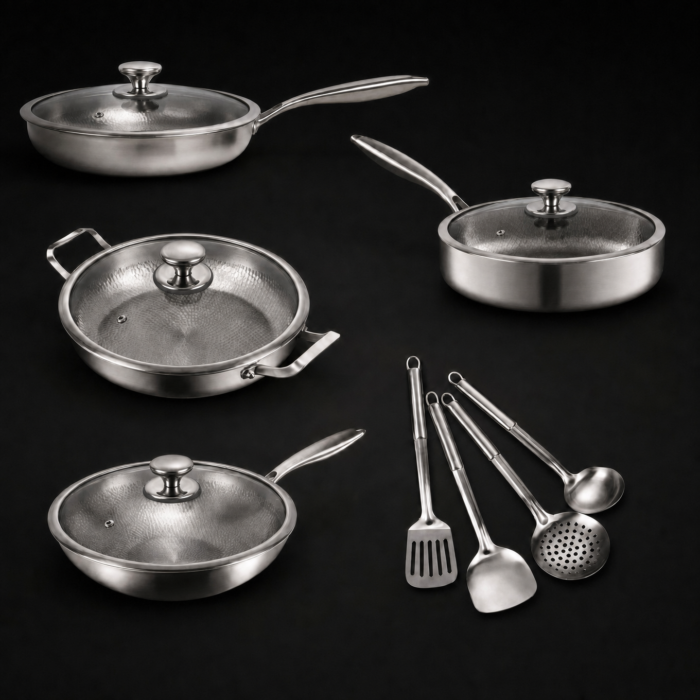 Titanium Family Set, Four Pans with Utensils